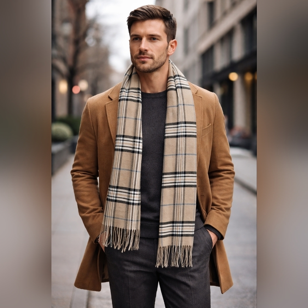 NWT Roundtree & Yorke Plaid Scarf in Cream and Black NWT #1680
